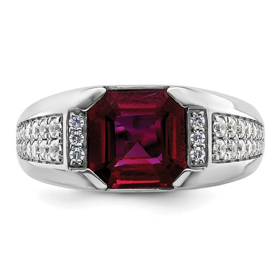 14k White Gold IBGoodman Men's Created Ruby Complete Lab Grown Diamond Ring