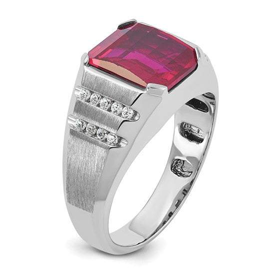 14k White Gold IBGoodman Men's Created Ruby and 1/5 carat Diamond Complete Ring