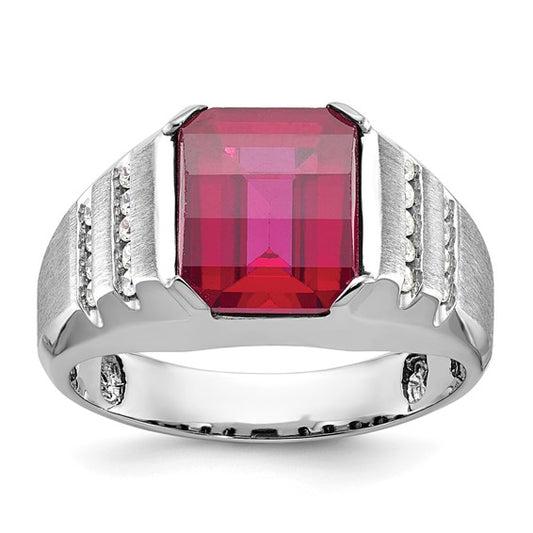 14k White Gold IBGoodman Men's Created Ruby and 1/5 carat Diamond Complete Ring