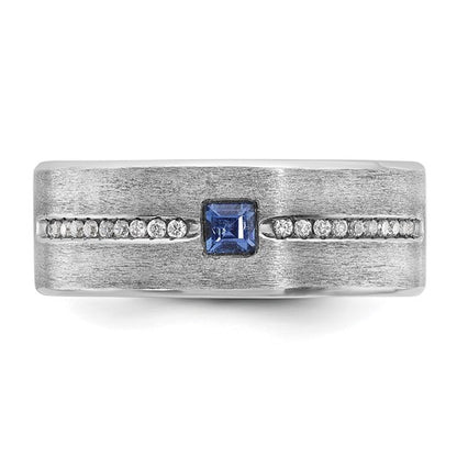 14k White Gold IBGoodman Men's Satin Lab Created Sapphire and 1/8 carat Diamond Complete Ring