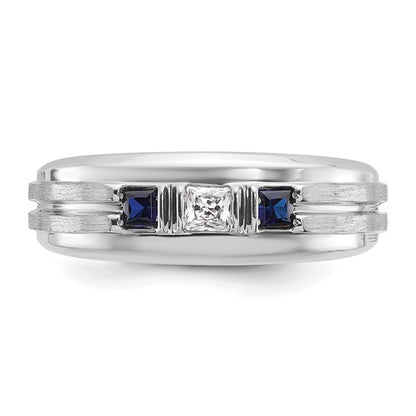 IBGoodman 14k White Gold Men's Polished Satin and Grooved Square 1/6 Carat AA Quality Diamond and Lab Created Sapphire 3-Stone Ring