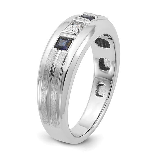 IBGoodman 14k White Gold Men's Polished Satin and Grooved Square 1/6 Carat AA Quality Diamond and Lab Created Sapphire 3-Stone Ring