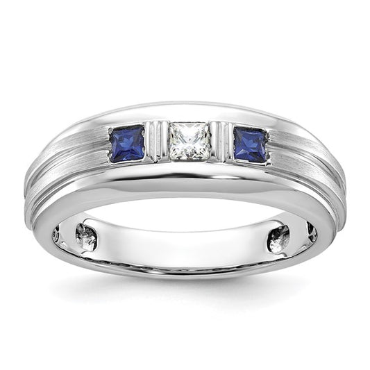 IBGoodman 14k White Gold Men's Polished Satin and Grooved Square 1/6 Carat AA Quality Diamond and Lab Created Sapphire 3-Stone Ring