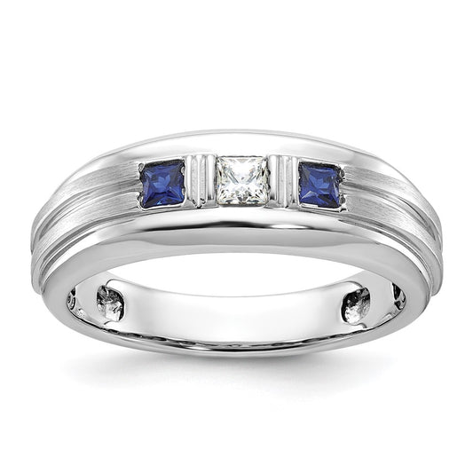 14kw IBGoodman Men's Satin/Grooved Dia & Cr. Sapphire 3-Stone Ring