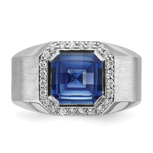 14k White Gold IBGoodman Men's Created Sapphire and 1/3 carat Diamond Complete Ring