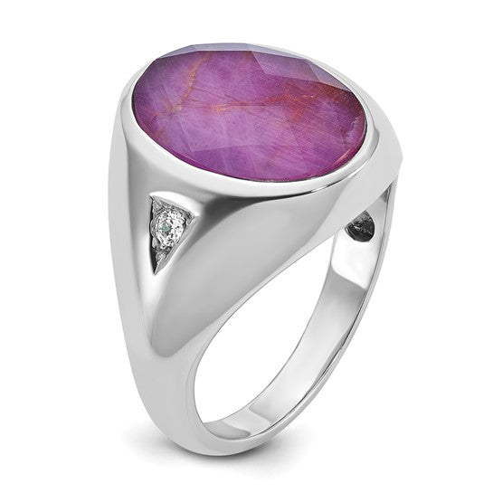 14k White Gold IBGoodman Men's Oval Ruby Doublet Stone and 1/15 carat Diamond Complete Ring