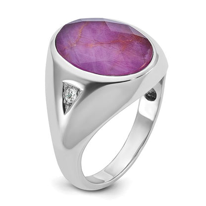 14k White Gold IBGoodman Men's Oval Ruby Doublet Stone and 1/15 carat Diamond Complete Ring