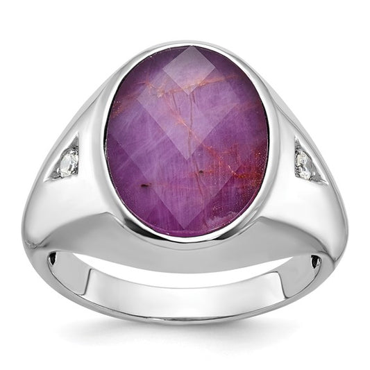 14k White Gold IBGoodman Men's Oval Ruby Doublet Stone and 1/15 carat Diamond Complete Ring