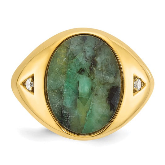 14k IBGoodman Men's Oval Emerald Doublet Stone and 1/15 carat Diamond Complete Ring