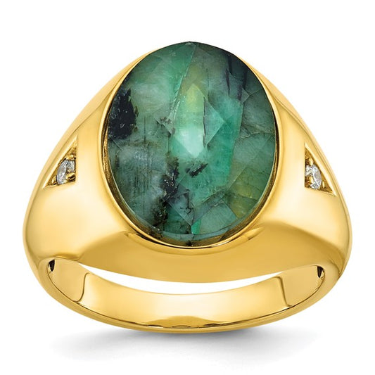 14k IBGoodman Men's Oval Emerald Doublet Stone and 1/15 carat Diamond Complete Ring