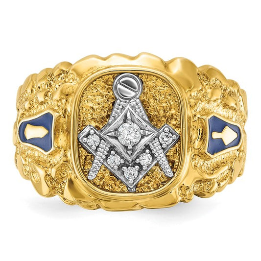 IBGoodman 14k Two-tone Men's Polished and Nugget Textured Diamond Blue Lodge Master Masonic Ring