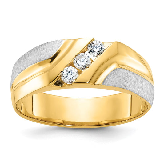 14ktt IBGoodman Men's Polished Satin & Grooved 3-Stone Diamond Ring
