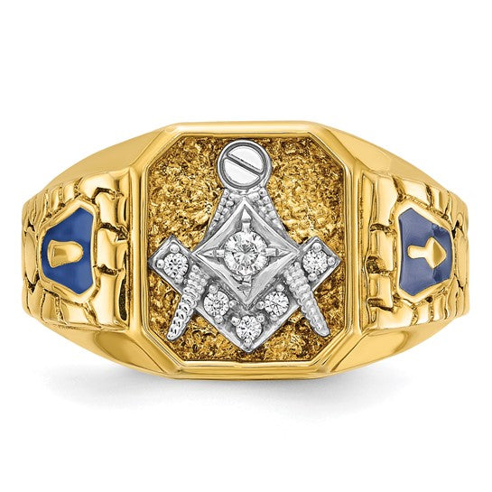 IBGoodman 14k Two-tone Men's Polished and Textured with Blue Enamel and Diamond Blue Lodge Master Masonic Ring