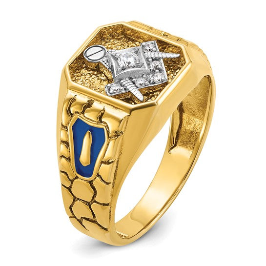 IBGoodman 14k Two-tone Men's Polished and Textured with Blue Enamel and Diamond Blue Lodge Master Masonic Ring