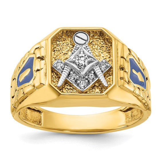 IBGoodman 14k Two-tone Men's Polished and Textured with Blue Enamel and Diamond Blue Lodge Master Masonic Ring