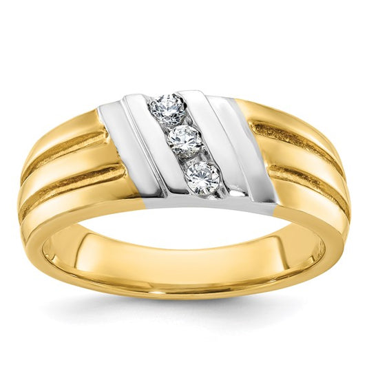 NEW Catalogs 2023-24 10K Gold(Pg. 250) IBGoodman 10k Two-tone Men's Polished and Grooved 3-Stone 1/5 Carat A Quality Diamond Ring