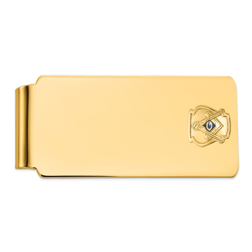 14k Men's Polished and Textured with Blue Enamel Masonic Large Money Clip