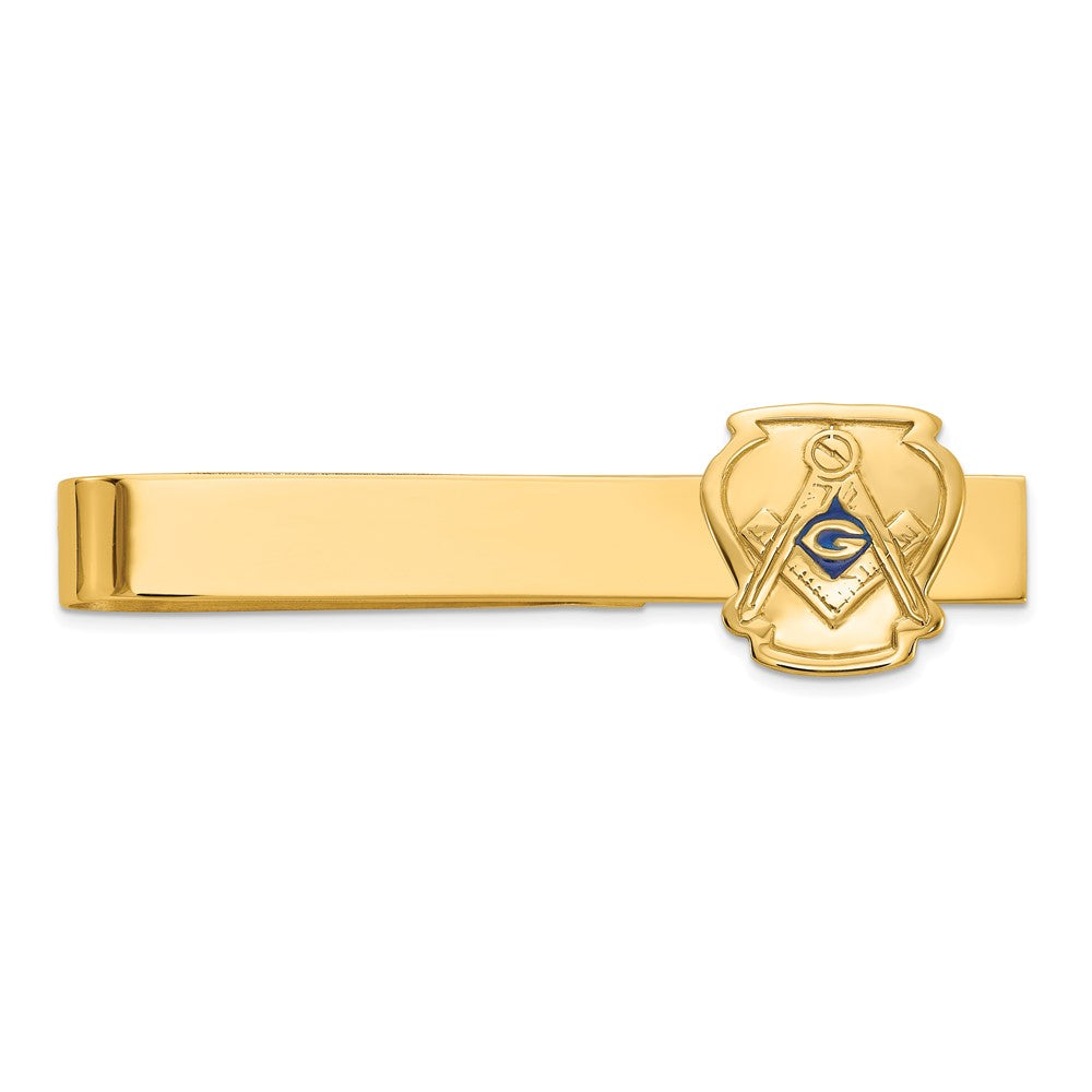 14k Men's Polished and Textured with Blue Enamel Masonic Medium Tie Bar