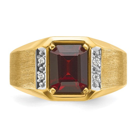 14k IBGoodman Men's Polished and Satin Created Ruby and 1/20 carat Diamond Complete Ring