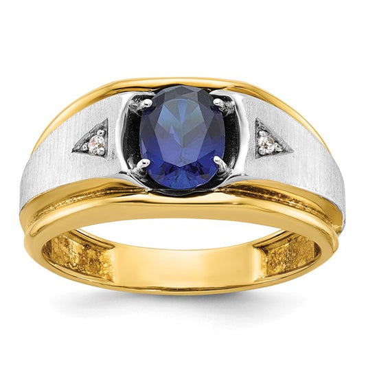 IBGoodman 10k Two-tone Men's Polished Satin and Grooved Lab Created Sapphire and A Quality Diamond Ring