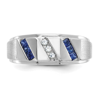 14k White Gold IBGoodman Men's Satin Lab Created Sapphire and 1/10 carat Diamond Complete Ring