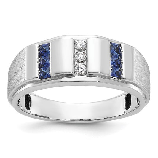 IBGoodman 14k White Gold Men's Polished and Satin 3-Row Lab Created Sapphire and 1/10 Carat AA Quality Diamond Ring