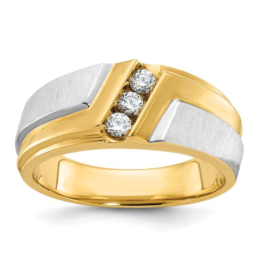 IBGoodman 14k Two-tone Men's Polished Satin and Grooved 3-Stone 1/4 Carat AA Quality Diamond Ring