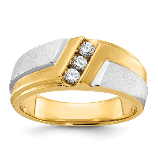 14ktt IBGoodman Men's Polished Satin & Grooved 3-Stone Diamond Ring