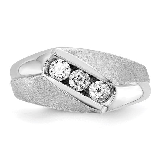 IBGoodman 14k White Gold Men's Polished and Satin 3-Stone 1/2 Carat AA Quality Diamond Ring