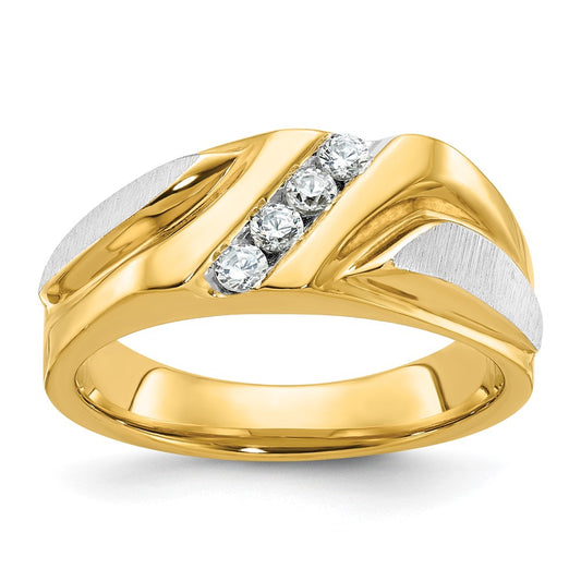 14ktt IBGoodman Men's Polished Satin & Grooved 4-Stone Diamond Ring
