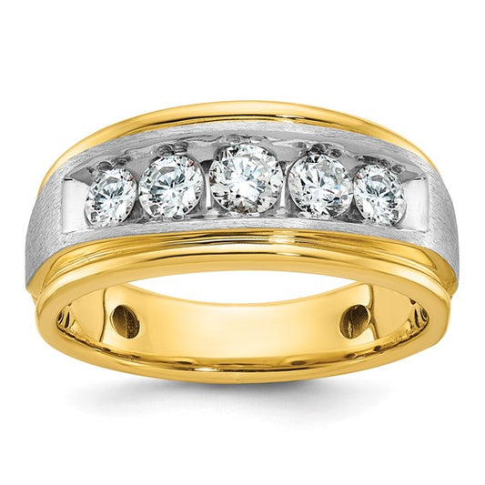 IBGoodman 14k Two-tone Men's Polished Satin and Grooved 5-Stone 1 Carat AA Quality Diamond Ring