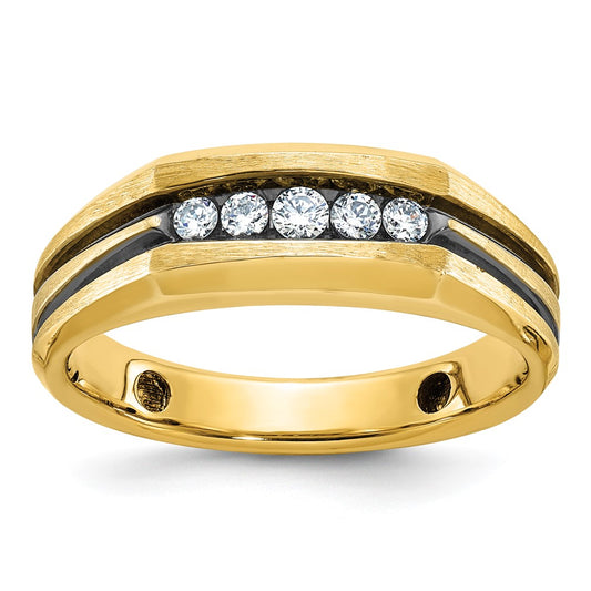 14k w/ Blk RH IBGoodman Men's Satin & Grooved Diamond 5-Stone Ring