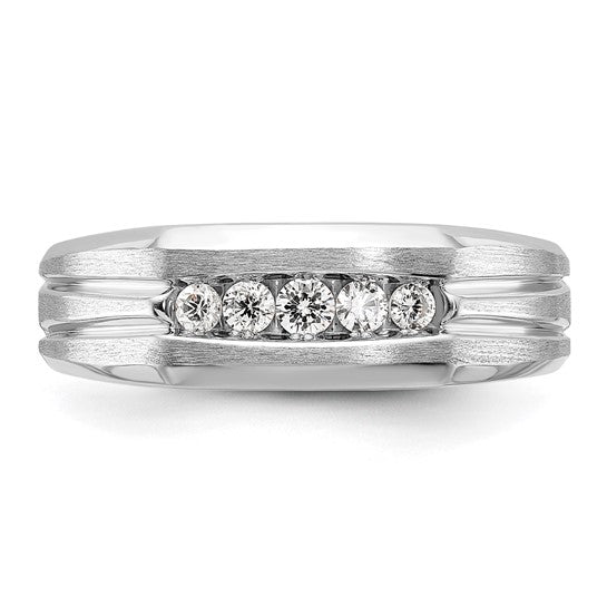 IBGoodman 14k White Gold Men's Polished Satin and Grooved 5-Stone 1/4 Carat AA Quality Diamond Ring
