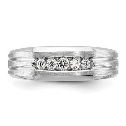IBGoodman 14k White Gold Men's Polished Satin and Grooved 5-Stone 1/4 Carat AA Quality Diamond Ring