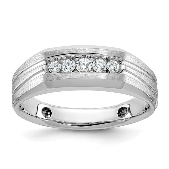 IBGoodman 14k White Gold Men's Polished Satin and Grooved 5-Stone 1/4 Carat Lab Grown Diamond Ring