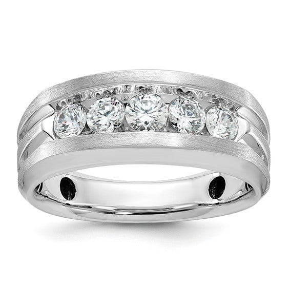 IBGoodman 14k White Gold Men's Polished Satin and Grooved 5-Stone 1 Carat AA Quality Diamond Ring