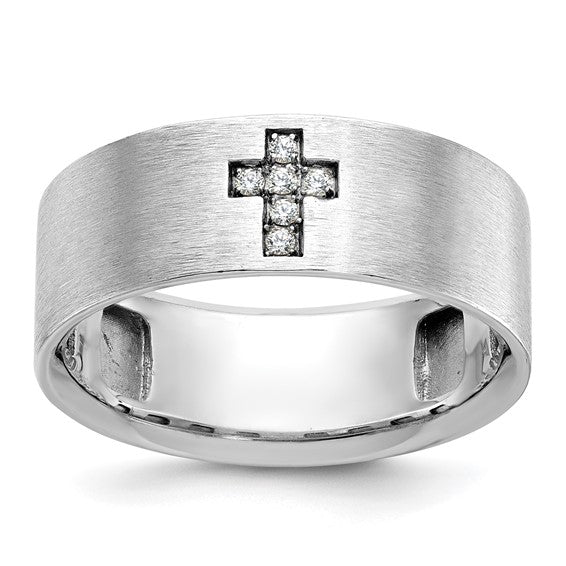 IBGoodman 14k White Gold Men's Satin 1/20 Carat Lab Grown Diamond Cross Ring