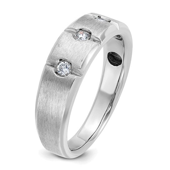 IBGoodman 14k White Gold Men's Polished Satin and Grooved 3-Stone 1/5 Carat AA Quality Diamond Ring