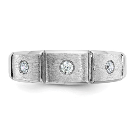 IBGoodman 14k White Gold Men's Polished Satin and Grooved 3-Stone 1/5 Carat AA Quality Diamond Ring