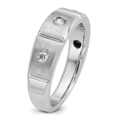 IBGoodman 14k White Gold Men's Polished Satin and Grooved 3-Stone 1/5 Carat AA Quality Diamond Ring