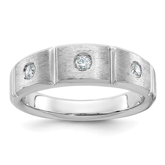 IBGoodman 14k White Gold Men's Polished Satin and Grooved 3-Stone 1/5 Carat AA Quality Diamond Ring