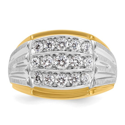 IBGoodman 14k Two-tone Men's Polished Satin and Grooved 3-Row 1 Carat AA Quality Diamond Ring
