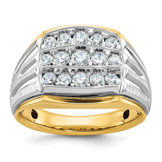 IBGoodman 14k Two-tone Men's Polished Satin and Grooved 3-Row 1 Carat Lab Grown Diamond Ring