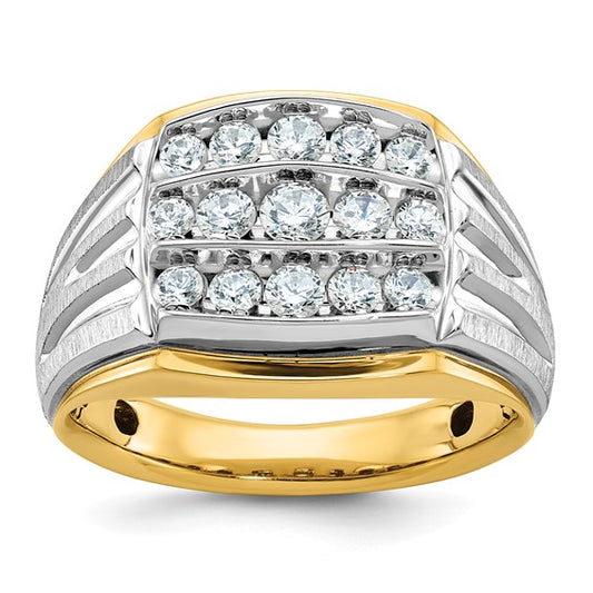 IBGoodman 14k Two-tone Men's Polished Satin and Grooved 3-Row 1 Carat AA Quality Diamond Ring