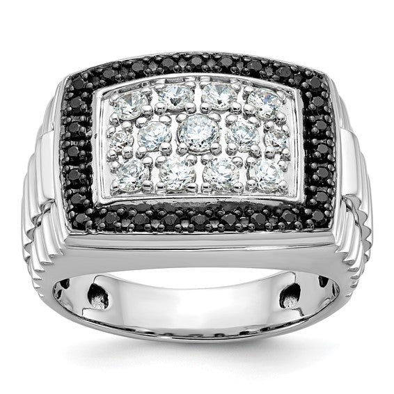 IBGoodman 14k White Gold Men's Polished and Textured 1 Carat Black and White Diamond Cluster Ring