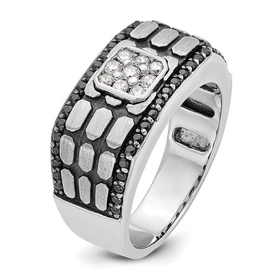 IBGoodman 14k White Gold with Black Rhodium Men's Polished Satin and Cobblestone Textured Black and White 5/8 Carat AA Quality Diamond Ring