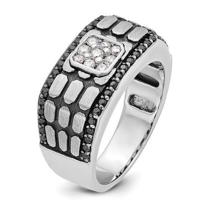 IBGoodman 14k White Gold with Black Rhodium Men's Polished Satin and Cobblestone Textured Black and White 5/8 Carat AA Quality Diamond Ring
