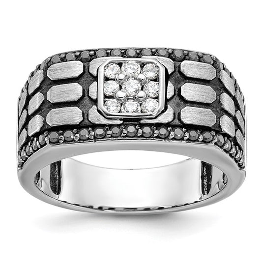 IBGoodman 14k White Gold with Black Rhodium Men's Polished Satin and Cobblestone Textured Black and White 5/8 Carat AA Quality Diamond Ring