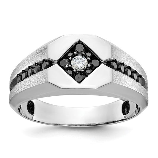 IBGoodman 14k White Gold with Black Rhodium Men's Polished Satin and Grooved 1/2 Carat AA Quality Black and White Diamond Ring