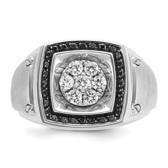 IBGoodman 10k White Gold Men's Polished and Satin 3/4 Carat A Quality Black and White Diamond Halo Cluster Ring